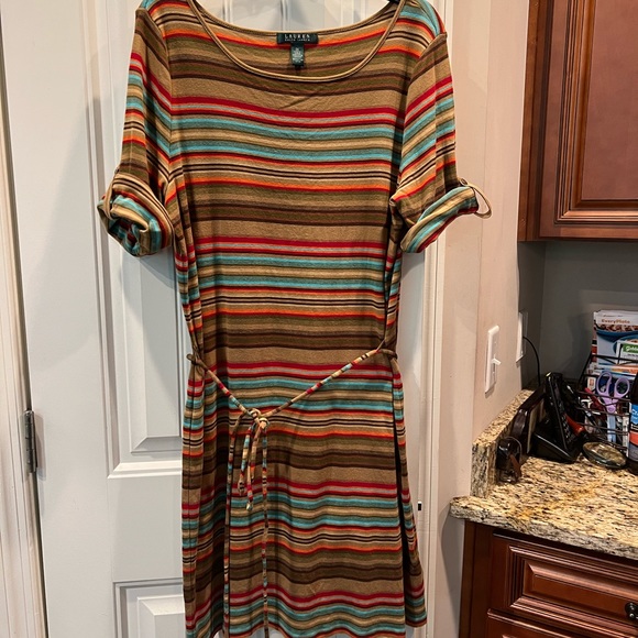Ralph Lauren Brown Tan Orange Multi Striped Dress Sz 2X - Picture 2 of 4
